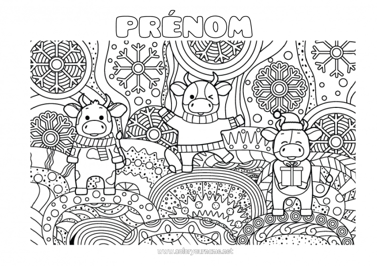 Coloriage à imprimer Neige Hiver Flocons de neige Vache Coloriages complexes Zentangle Animaux de la ferme Pull over