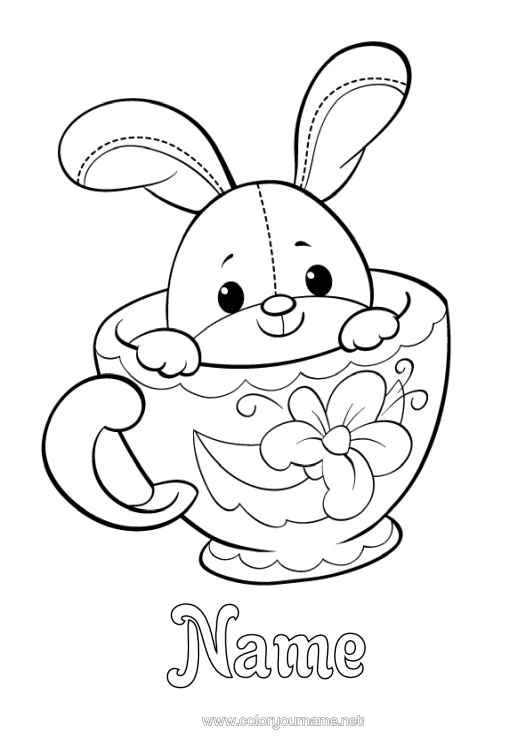 Colouring page to print Cute Flowers Mug Rabbit Animal Drink Forest Animals