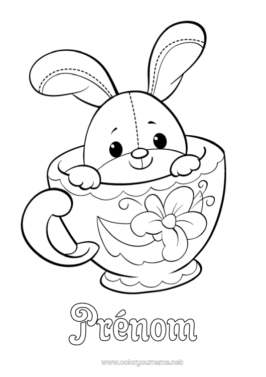 Coloriage à imprimer Mignon Fleurs Tasse Lapin Animal Boisson Animaux de la forêt