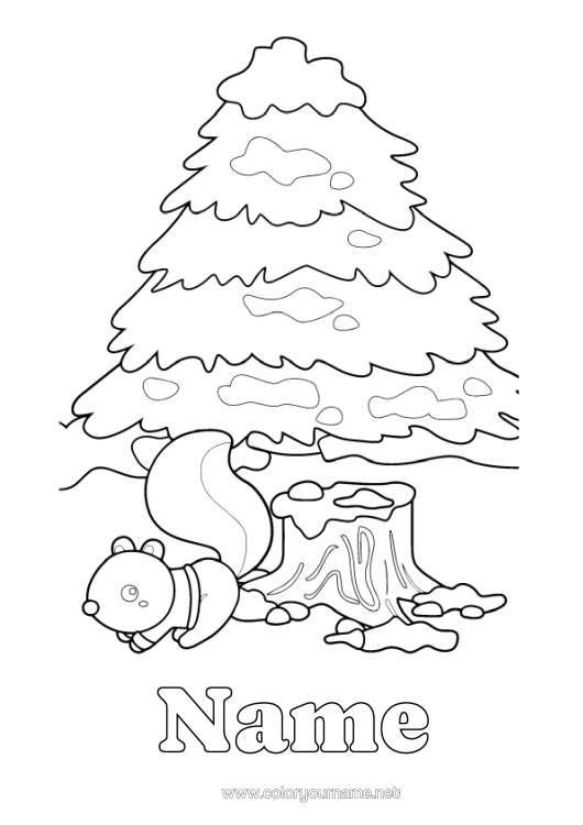 Colouring page to print Snow Squirrel Animal Forest Animals Fir Tree