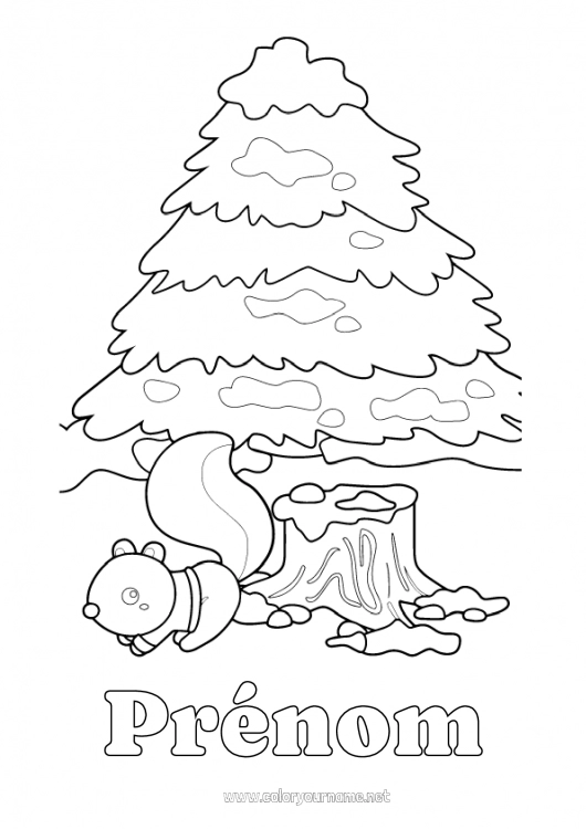 Coloriage à imprimer Neige écureuil Animal Animaux de la forêt Sapin