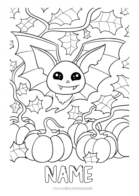 Coloring page to print Vampire Bat Pumpkin Halloween Flying birds and mammals