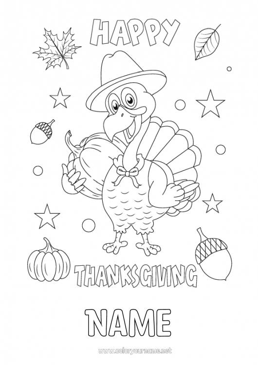 Coloring page to print Pumpkin Thanksgiving Turkey Leaves Farm animals Acorn