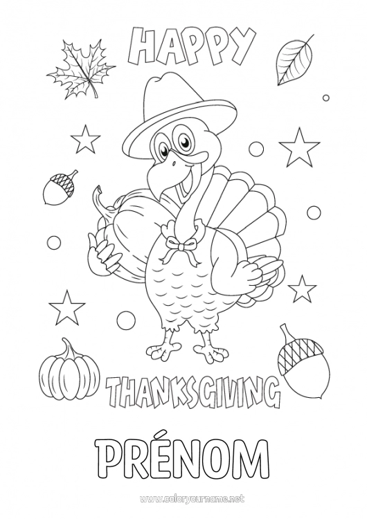 Coloriage à imprimer Citrouille Thanksgiving Dindon Feuilles Animaux de la ferme Gland