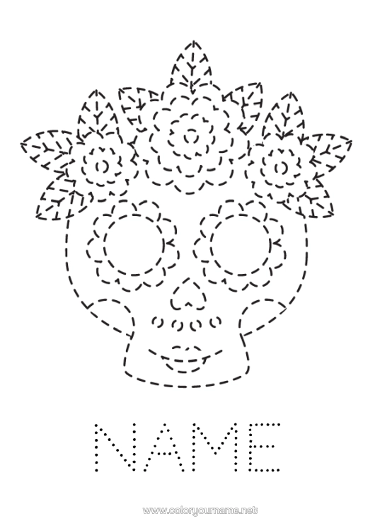 Colouring page to print Skull Day Of The Dead Easy Colouring Pages Trace And Colour. Catrina Calaveras, Skulls