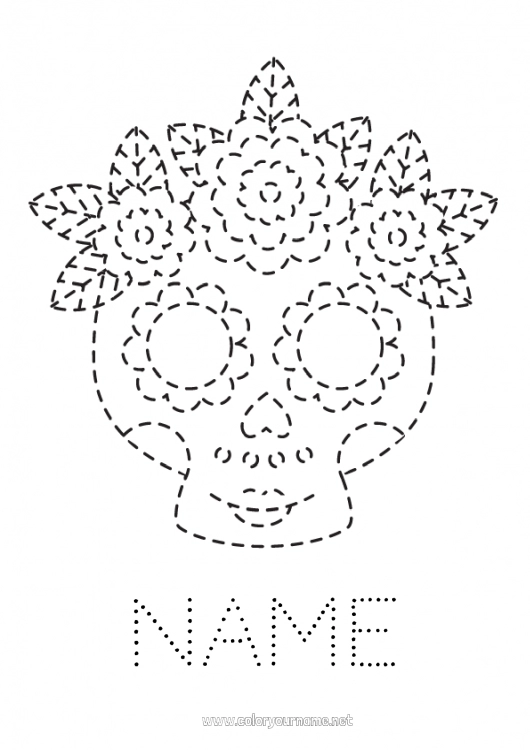 Coloring page to print Skull Día de los Muertos Easy coloring pages Trace and color Catrina Calaveras, skulls