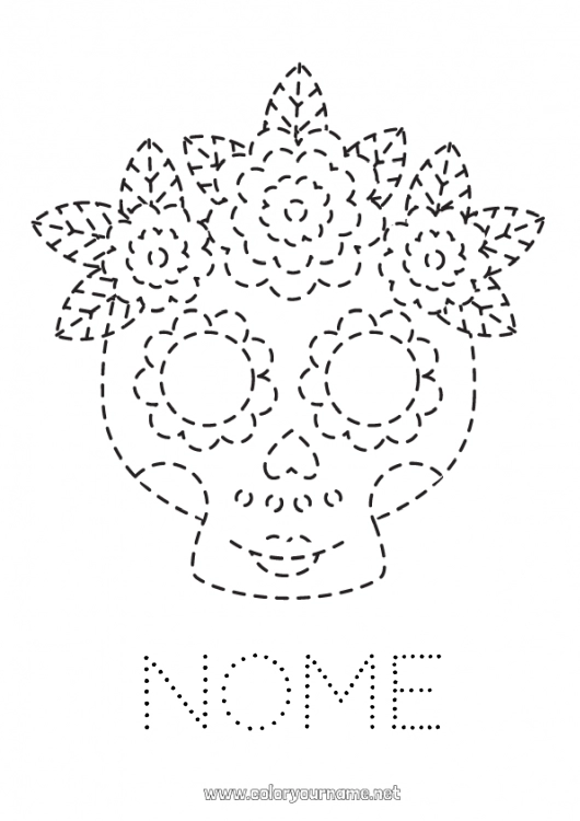 Pagina da colorare da stampare Teschio Giorno dei Morti Disegni da colorare facili Traccia e colora Catrina Calaveras, teste di morto