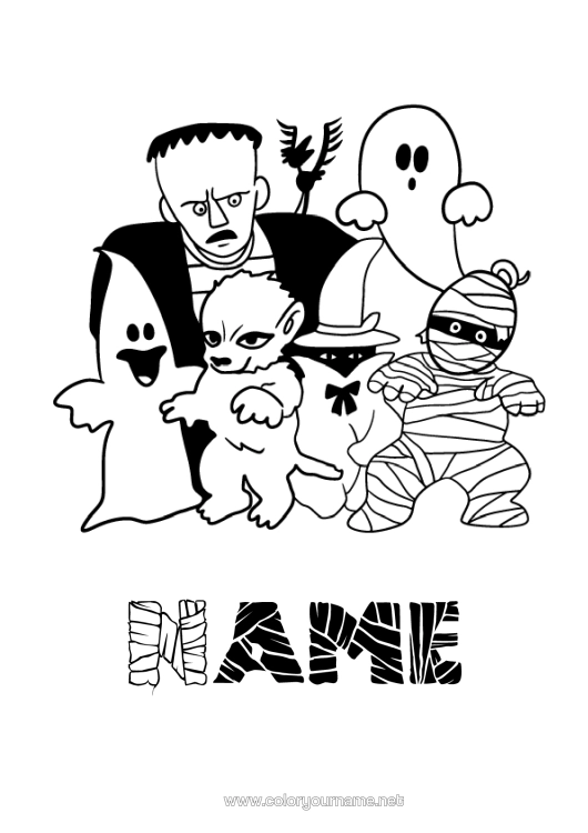 Colouring page to print Vampire Ghost Monster Mummy Witch Wolf Halloween Forest Animals Frankenstein Werewolf