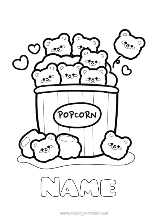 Colouring page to print Cute Teddy Bear Cinema Popcorn Treats, Sweets Forest Animals
