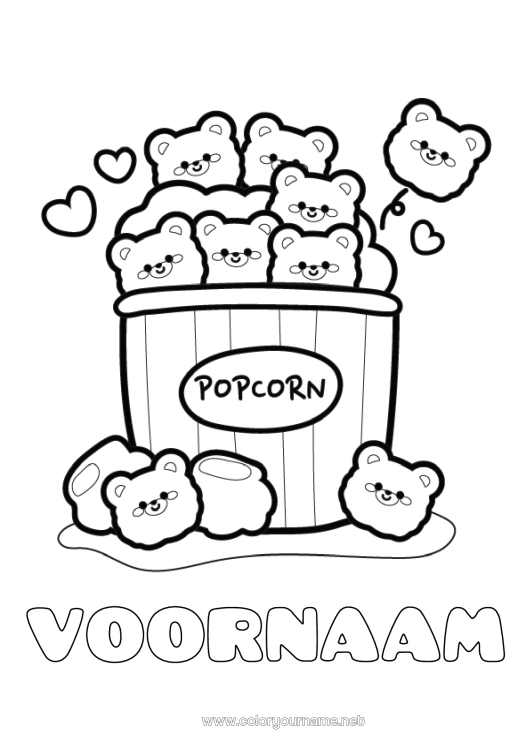 Kleurplaat om af te drukken Kawaii Knuffelbeer Bioscoop Popcorn Lekkernijen, zoetigheden Bosdieren