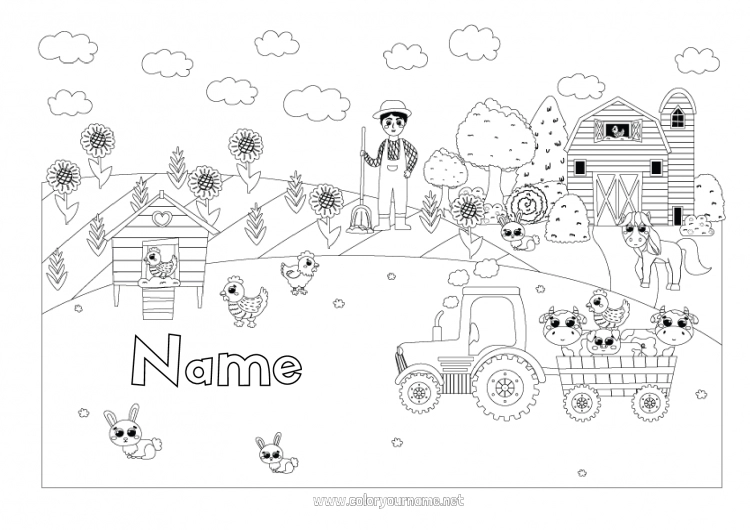 Coloring page to print Horse Hen Bunny Cow Tractor Farm vehicles Farm Farm animals Forest animals Farmer Farm Professions