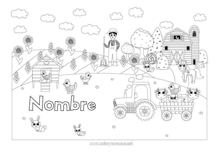 Dibujo para colorear para imprimir Caballo Gallina Conejo Vaca Tractor Vehículos agrícolas Granja Animales de granja Animales del bosque Agricultor Oficios de la Granja