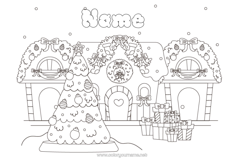 Colouring page to print Snow Gifts Christmas Tree Christmas Decorations House