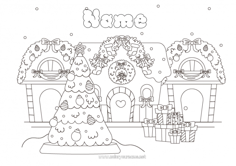 Coloring page to print Snow Gifts Christmas tree Christmas decorations House