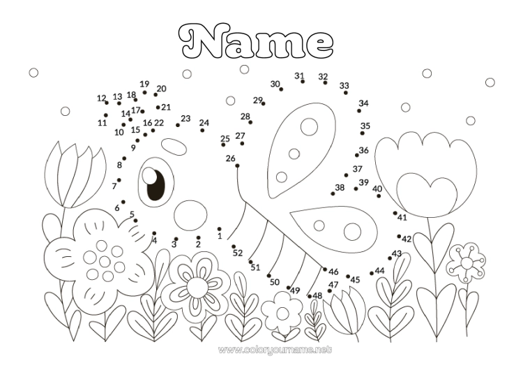 Colouring page to print Flowers Spring Butterfly Children's Activities Animal Connecting Points Insects Connect The Numbers