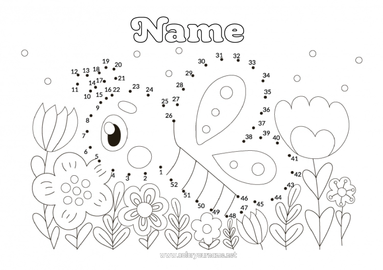 Coloring page to print Flowers Spring Butterfly Children's activities Connect the dots Insects