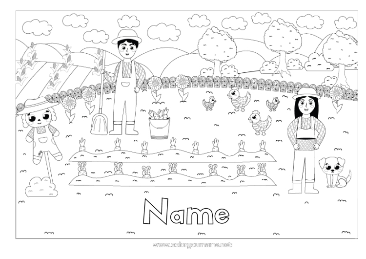 Colouring page to print Hen Farm Sunflower Farm Animals Carrot Farmer Farm Jobs Scarecrow