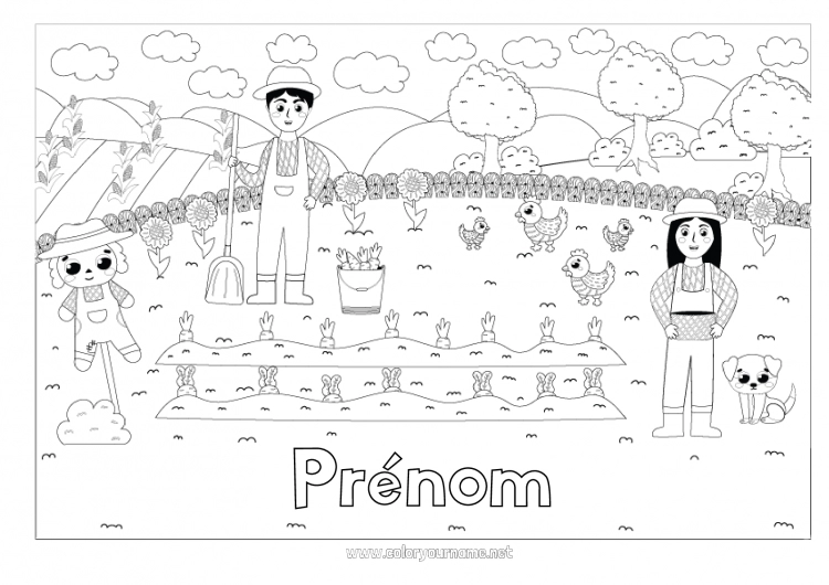 Coloriage à imprimer Poule Ferme Tournesol Animaux de la ferme Carotte Fermier Métiers de la ferme Épouvantail