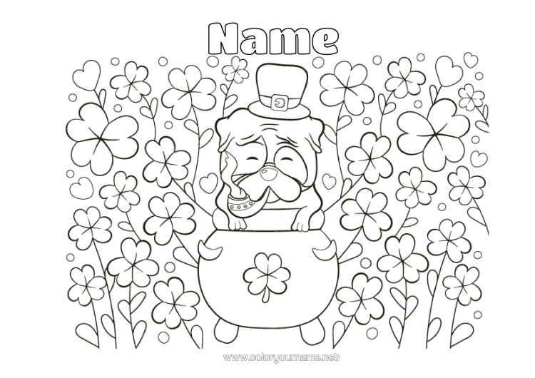 Colouring page to print Magic Cauldron Dog Fortune Clover St Patrick's Day Dogs And Cats