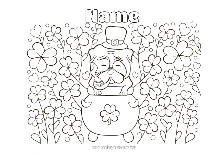 Coloring page to print Magic pot Dog Luck Clover Saint Patrick's Day Dog and cat