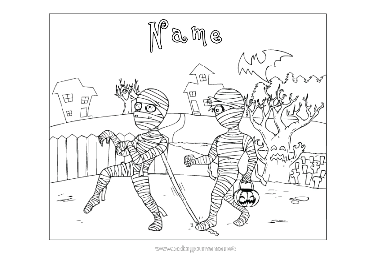 Colouring page to print Cemetery Monster Mummy Halloween