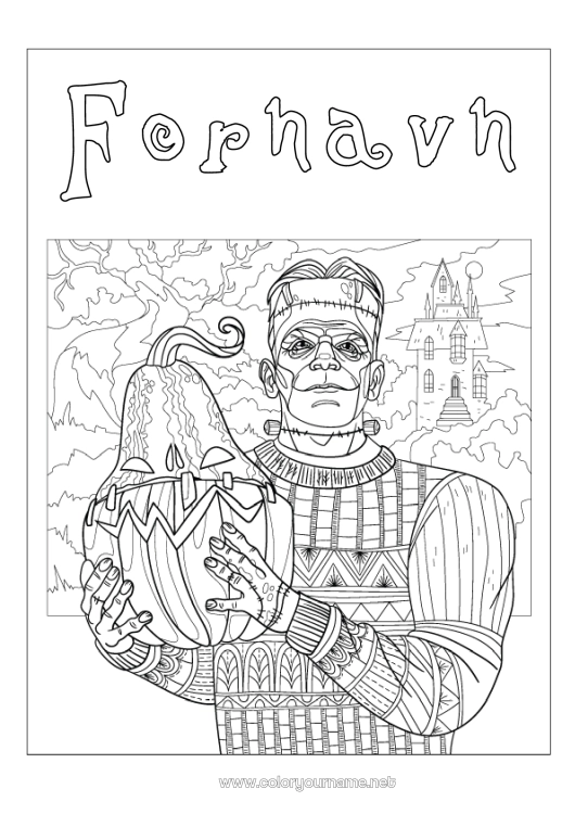 Fargeleggingssiden til utskrift Monster Gresskar Jack O'Lantern Komplekse fargelegginger Zentangle Frankenstein