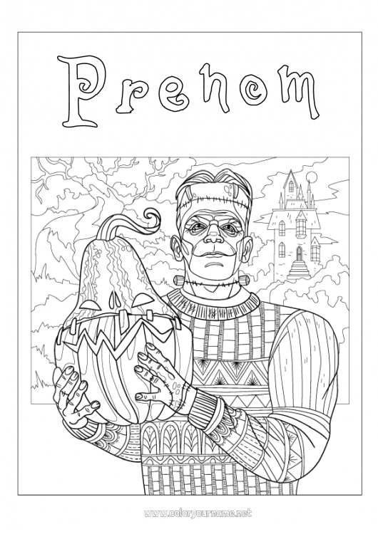 Coloriage à imprimer Monstre Citrouille Jack O'Lantern Coloriages complexes Zentangle Frankenstein