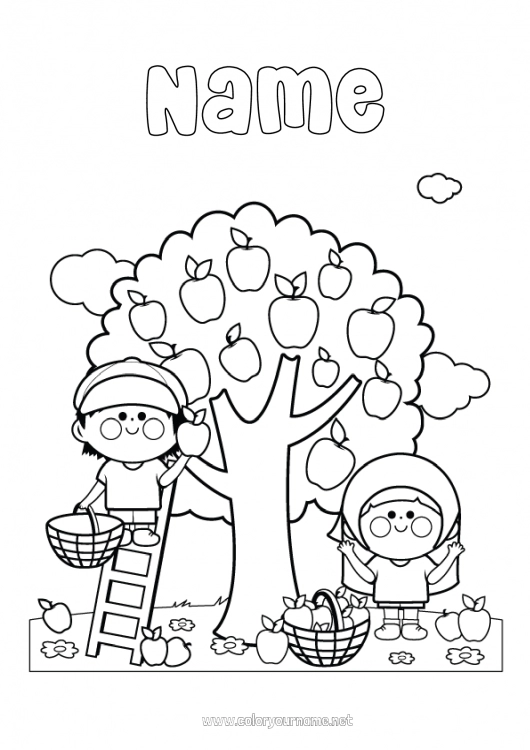 Coloring page to print Basket Farm Fruits Apple Farmer Farm Professions