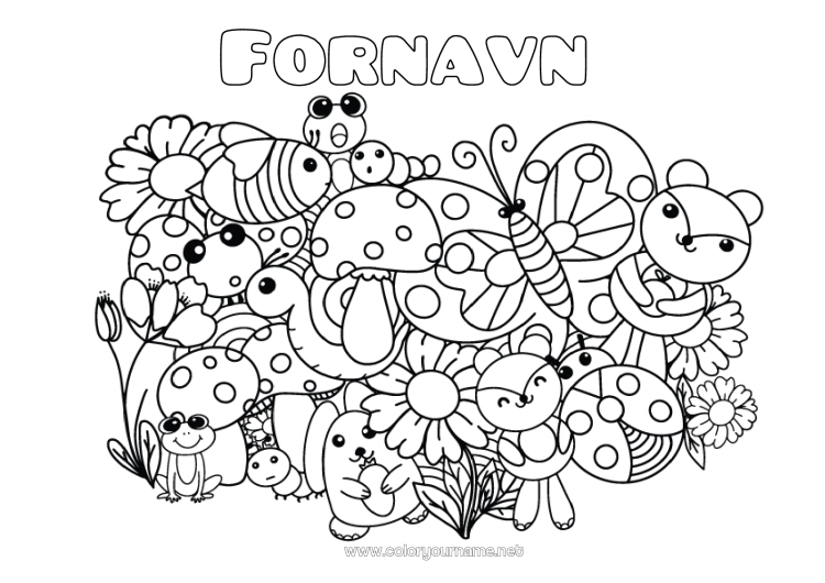 Farvelægningssiden til udskrivning Kawaii Frø Egern Sommerfugl Dyr Svamp Snegl Marihøne Solsikke Komplekse farvelægninger Insekter Havdyr eller vandlevende dyr Skovens dyr Larve