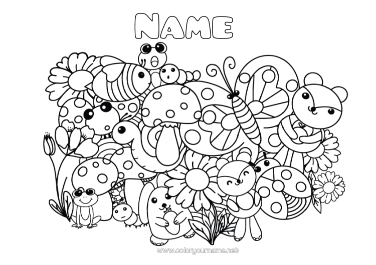 Colouring page to print Cute Frog Squirrel Butterfly Animal Mushroom Snail Ladybird Sunflower Complex Colouring Pages Insects Marine Or Aquatic Animals Forest Animals Caterpillar