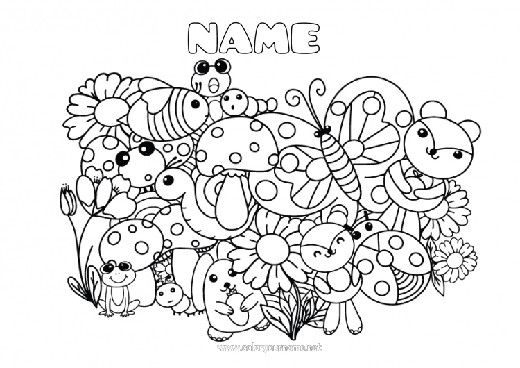 Coloring page to print Kawaii Frog Squirrel Butterfly Animal Mushroom Snail Ladybug Sunflower Complex coloring pages Insects Marine or aquatic animals Forest animals Caterpillar