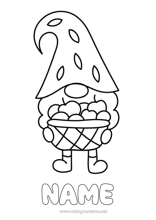 Colouring page to print Gnome Basket Fruit Apple