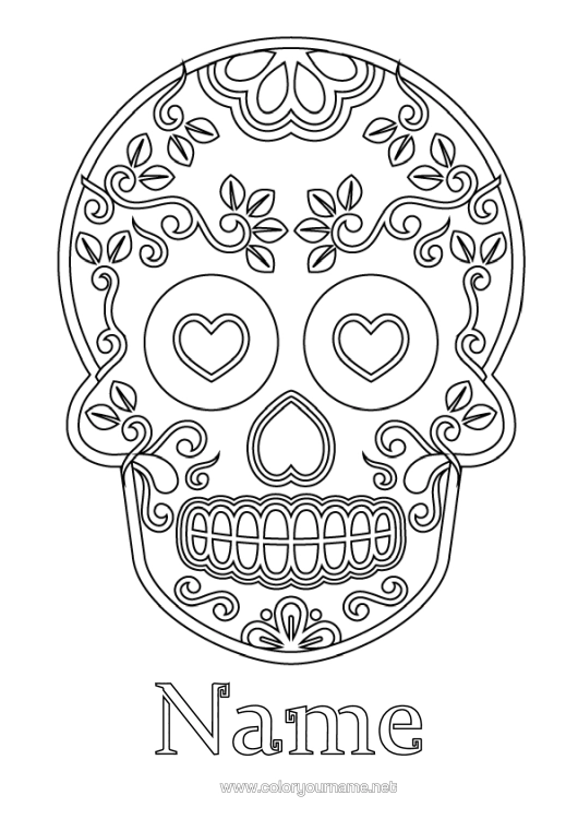 Colouring page to print Heart Skull Day Of The Dead Calaveras, Skulls