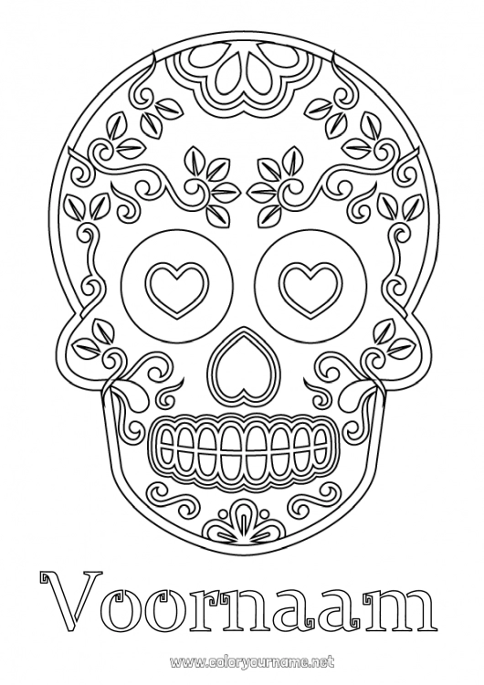 Kleurplaat om af te drukken Hart Schedel Dia de los Muertos Calaveras, schedels