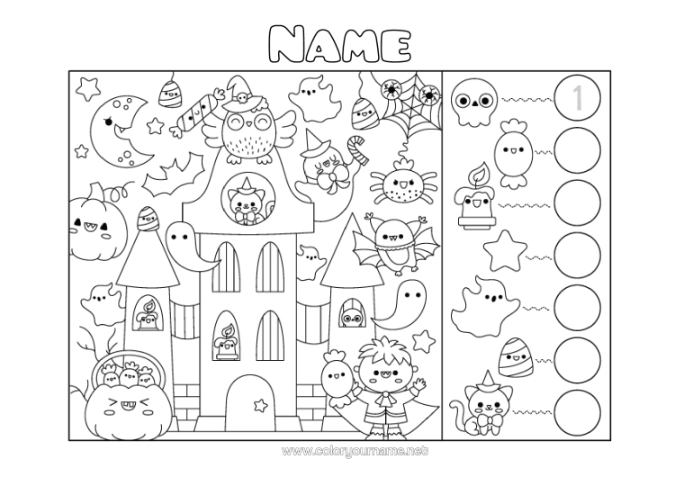 Colouring page to print Ghost Monster Halloween Cute Figure Children's Activities Search And Find Haunted Manor Count And Colour.