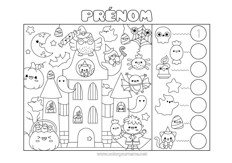 Coloriage à imprimer Fantôme Monstre Halloween Kawaii Chiffre Activités enfants Cherche et trouve Manoir hanté