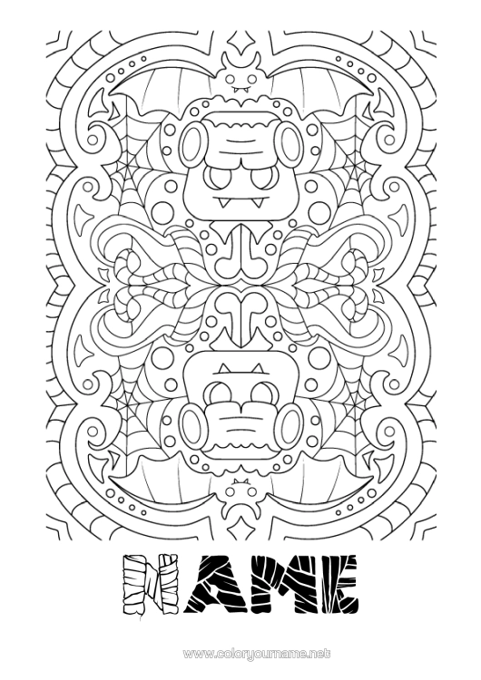 Colouring page to print Monster Halloween Mandala Frankenstein