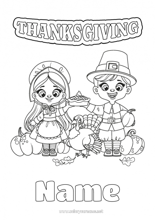 Coloring page to print Pumpkin Thanksgiving Turkey Farm animals Pie