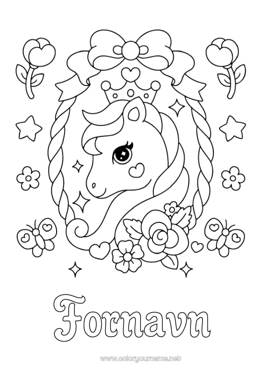 Farvelægningssiden til udskrivning Blomster Kawaii Hest Sommerfugl Dyr Krone Insekter Gårdsdyr Pony