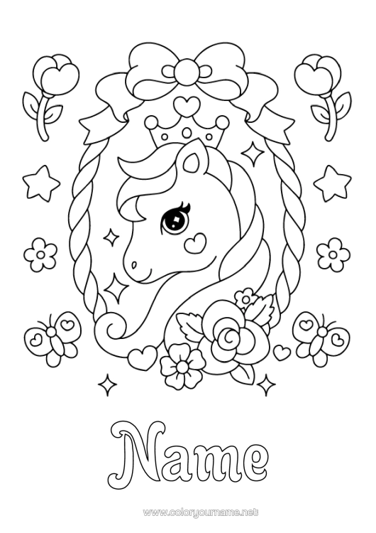 Colouring page to print Flowers Cute Horse Butterfly Animal Crown Insects Farm Animals Pony