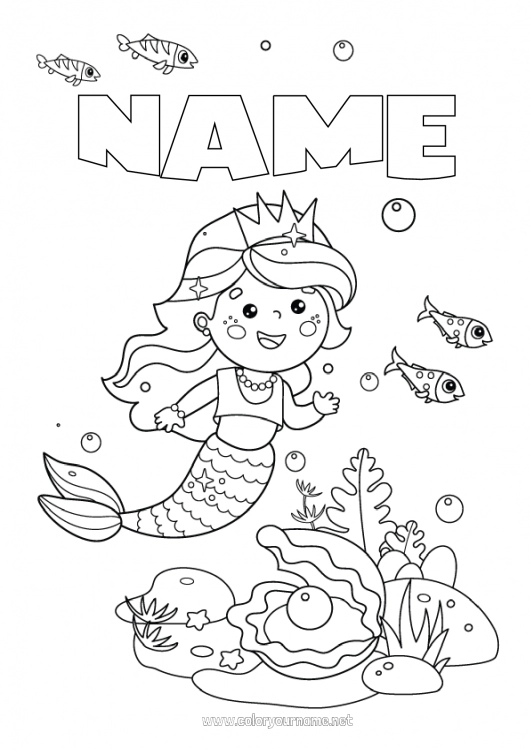 Coloring page to print Sea Fish Mermaid Sea Shell Marine or aquatic animals