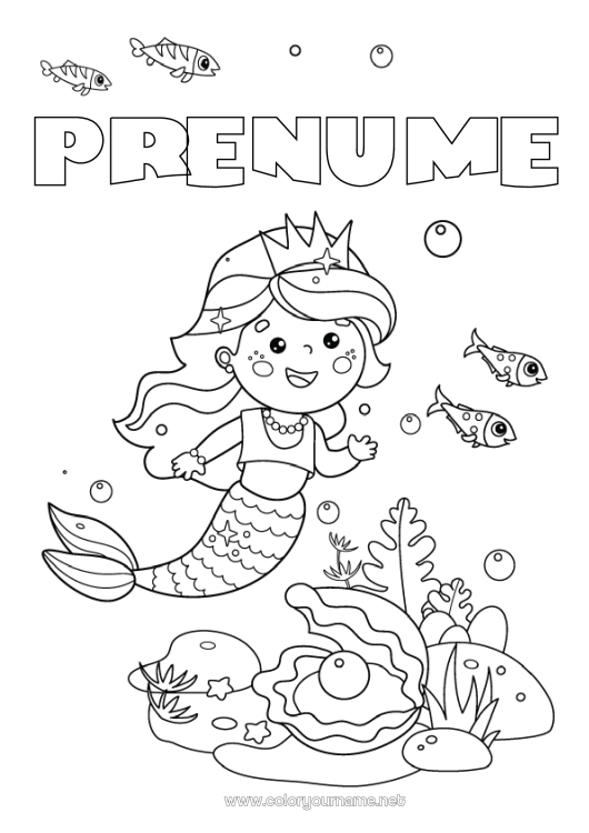 Pagină de colorat de imprimat Mare Pește Sirena Scoici Animale marine sau acvatice