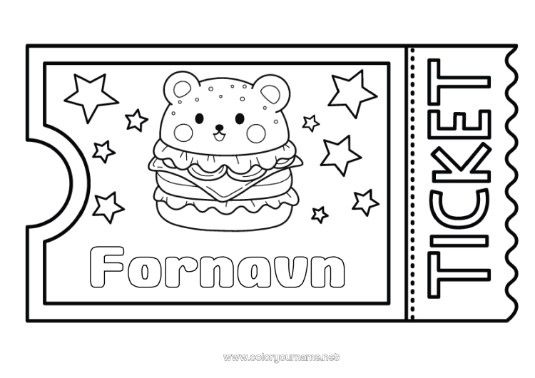 Farvelægningssiden til udskrivning Kawaii Hamburger Billet