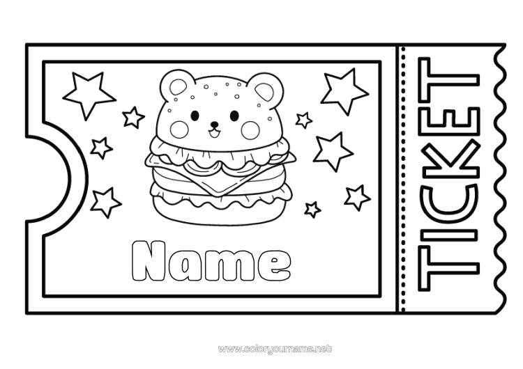Colouring page to print Cute Hamburger Ticket