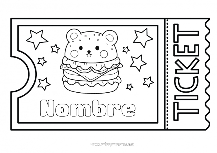 Dibujo para colorear para imprimir Kawaii Hamburguesa Boleto, entrada