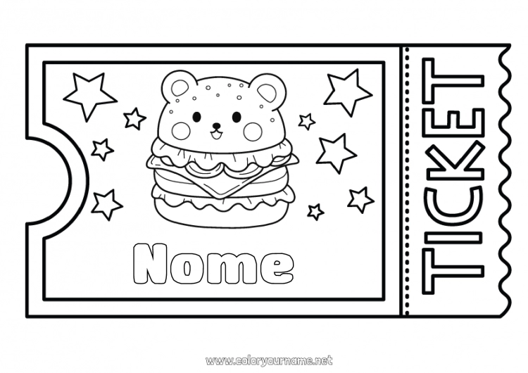 Pagina da colorare da stampare Kawaii Hamburger Biglietto