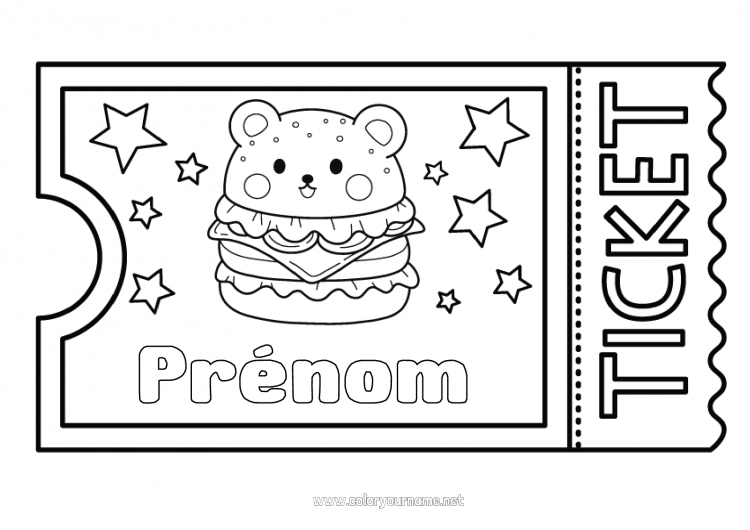 Coloriage à imprimer Kawaii Hamburger Ticket