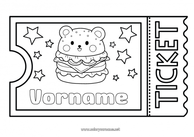 Malvorlage zum Ausdrucken Kawaii Hamburger Ticket