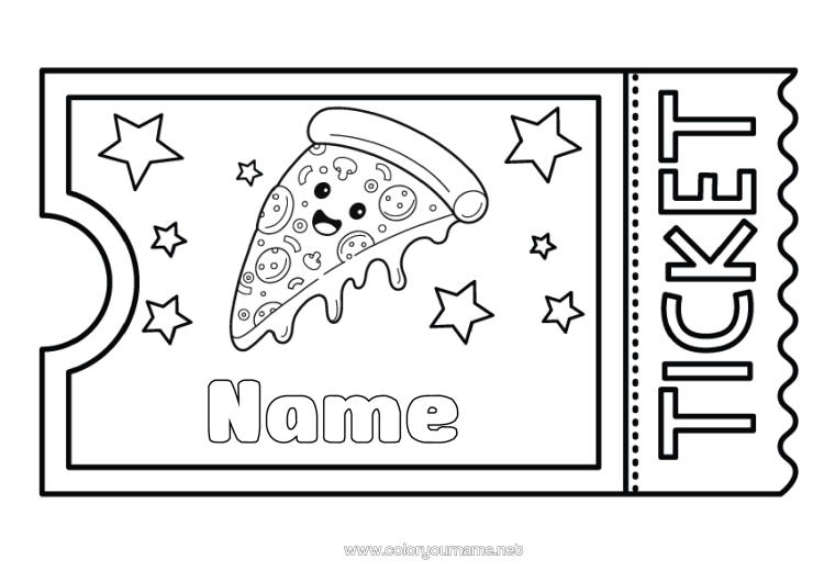 Colouring page to print Cute Pizza Ticket