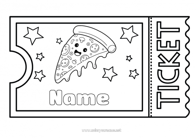 Coloring page to print Kawaii Pizza Ticket